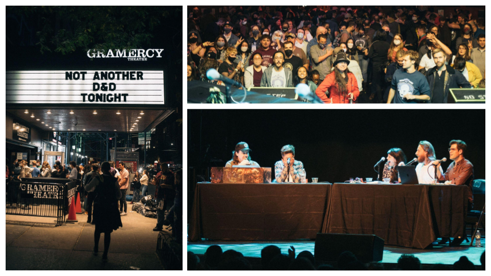 Three photos arranged together: One image of the Gramercy Marquee, another of the crowd, and a third imagine from the event with the members of the podcast on stage. 