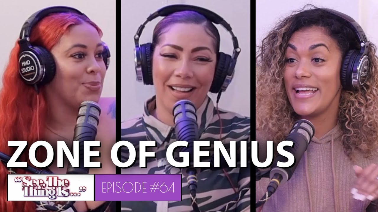 Triptic of hosts Mandii B and Bridget Kelly with their guest, Carla Wilmaris. All in studio wearing headphones and speaking into their microphones.