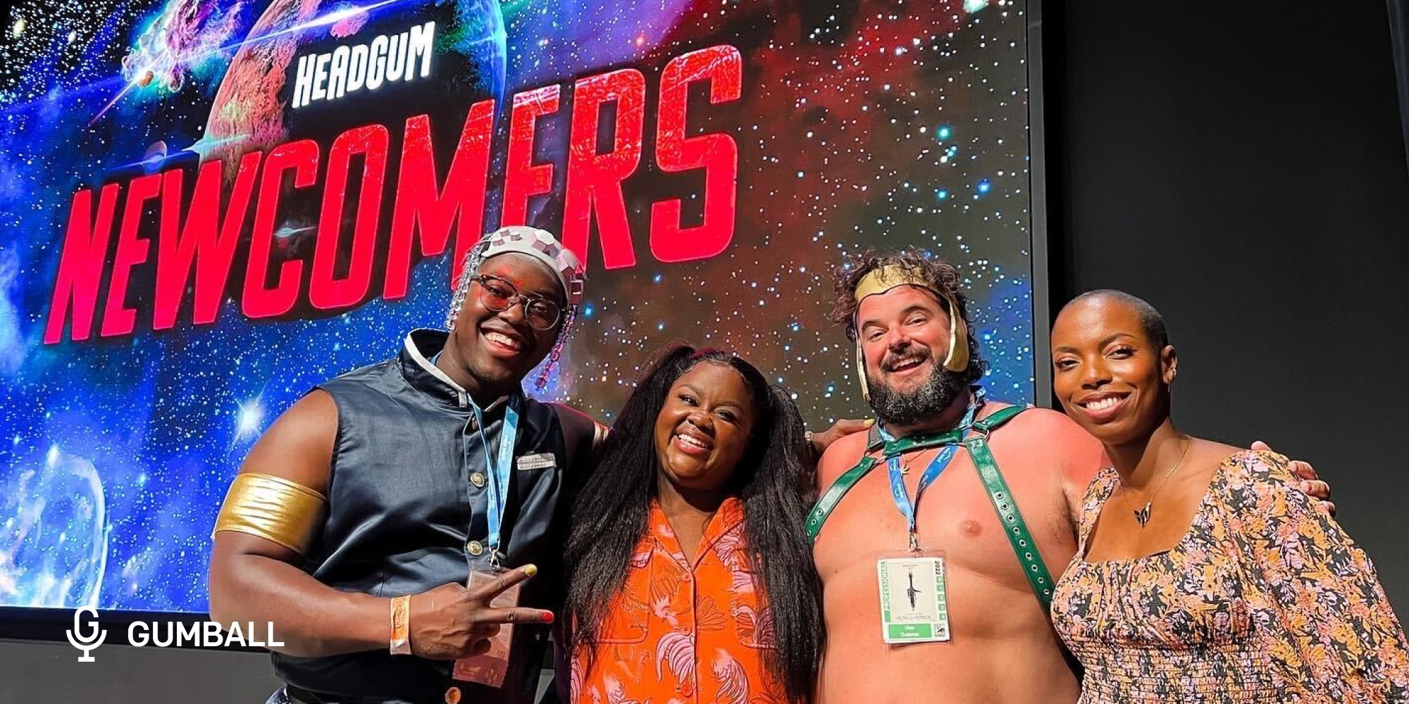 comedians ify nwadiwe nicole byer jon gabrus and sasheer zamata in front of a galaxy wall that says headgum newcomers 