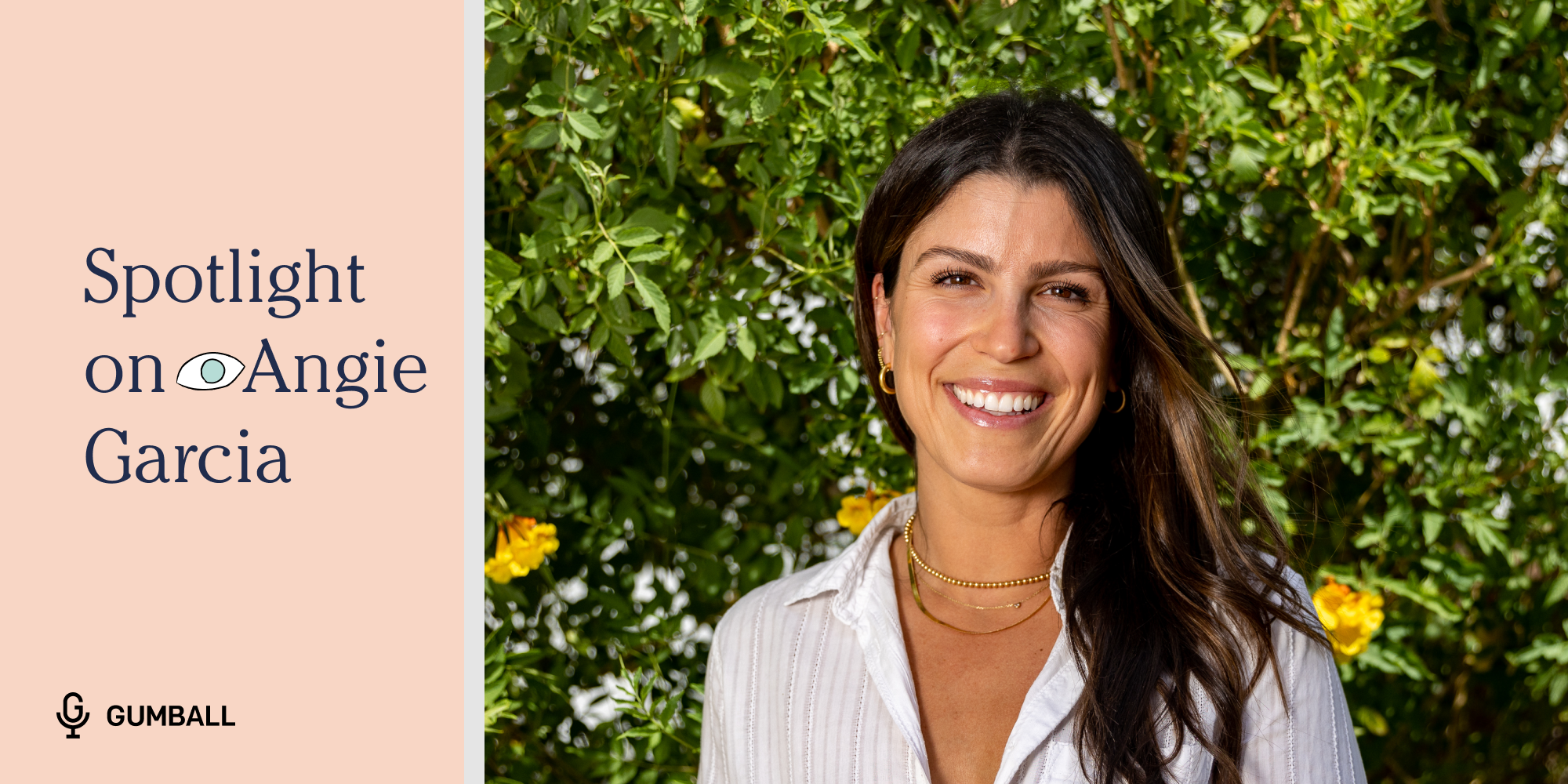 headshot of angie garcia against green foliage and pink background with text spotlight on angie garcia 