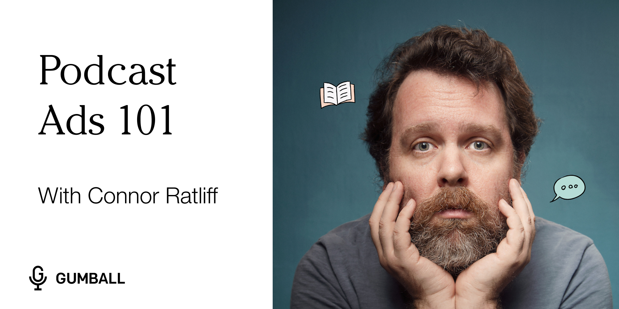 headshot of actor connor ratliff with his face in his hands on a teal background surrounded by book and conversation emoji