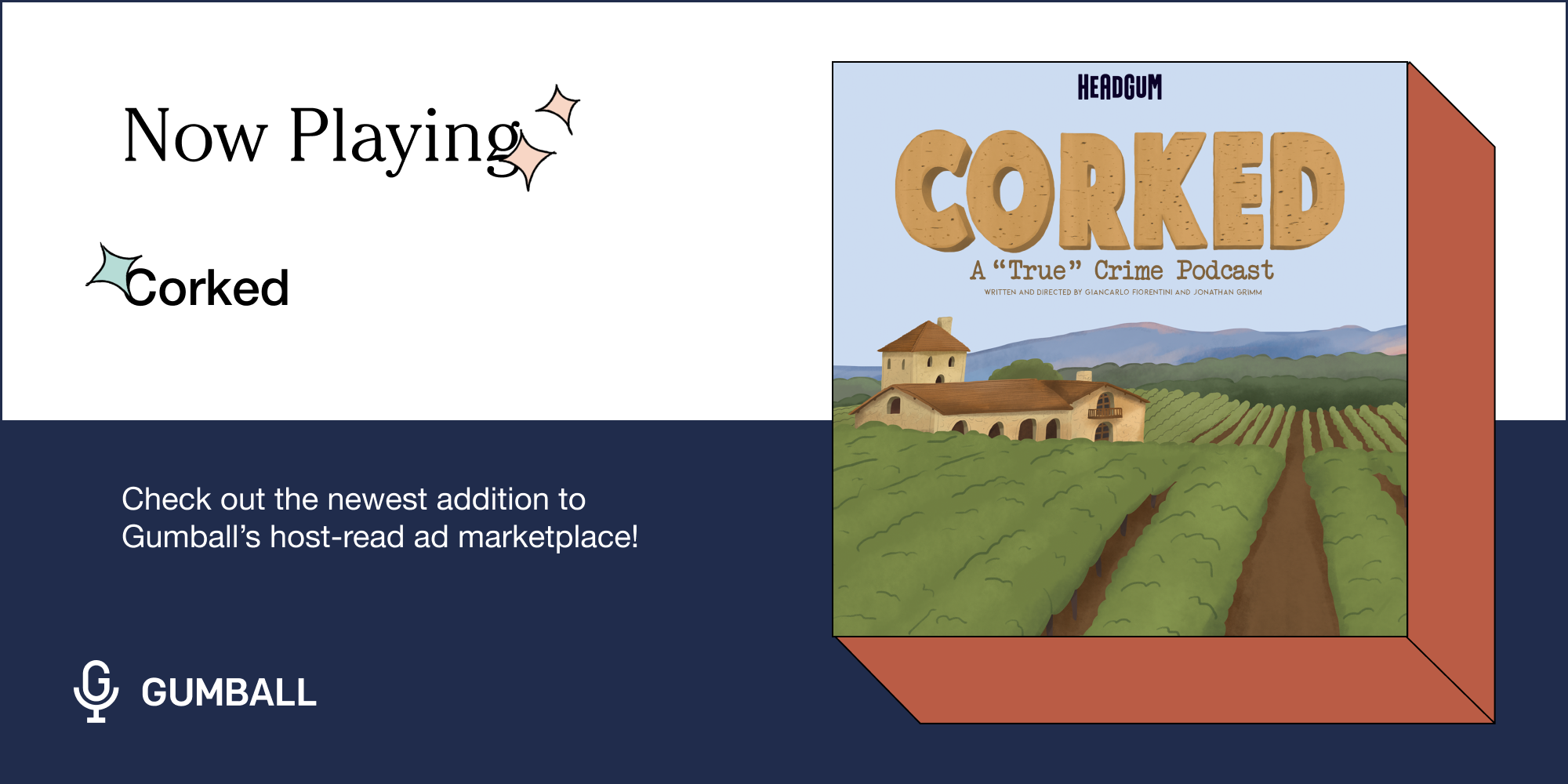 cover art for new podcast corked featuring vineyard landscape and the word corked above it