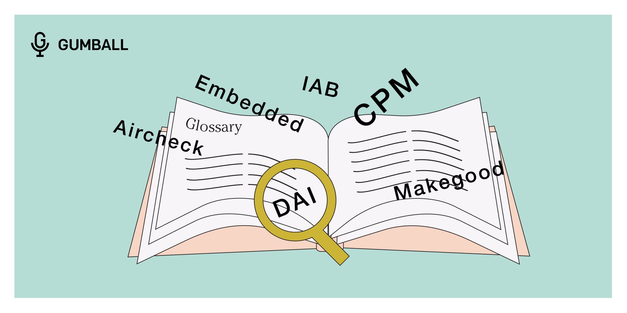 illustration of an open book with words like aircheck and cpm floating outside of it and a magnifying glass over the term dai