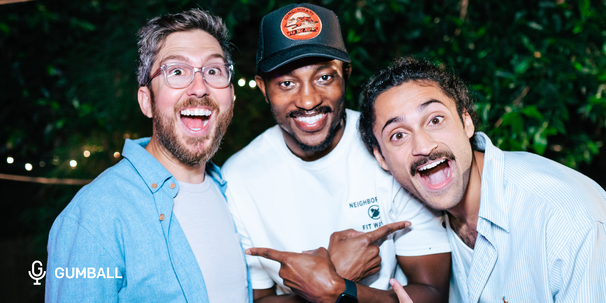 headgum comedians danny sellers in the middle pointing to amir blumenfeld on his left and geoffrey james on his right