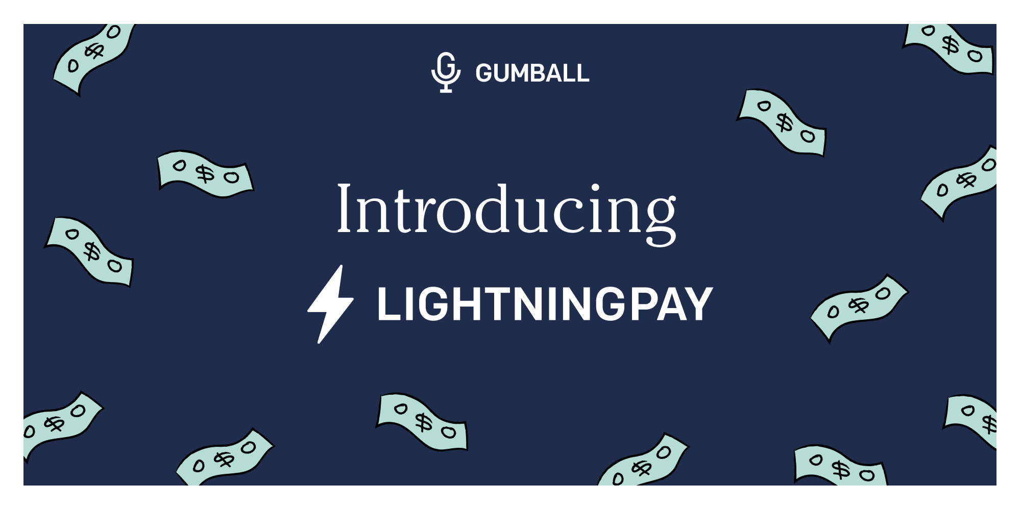 the text introducing lightningpay on a navy blue background with floating money bill emoji