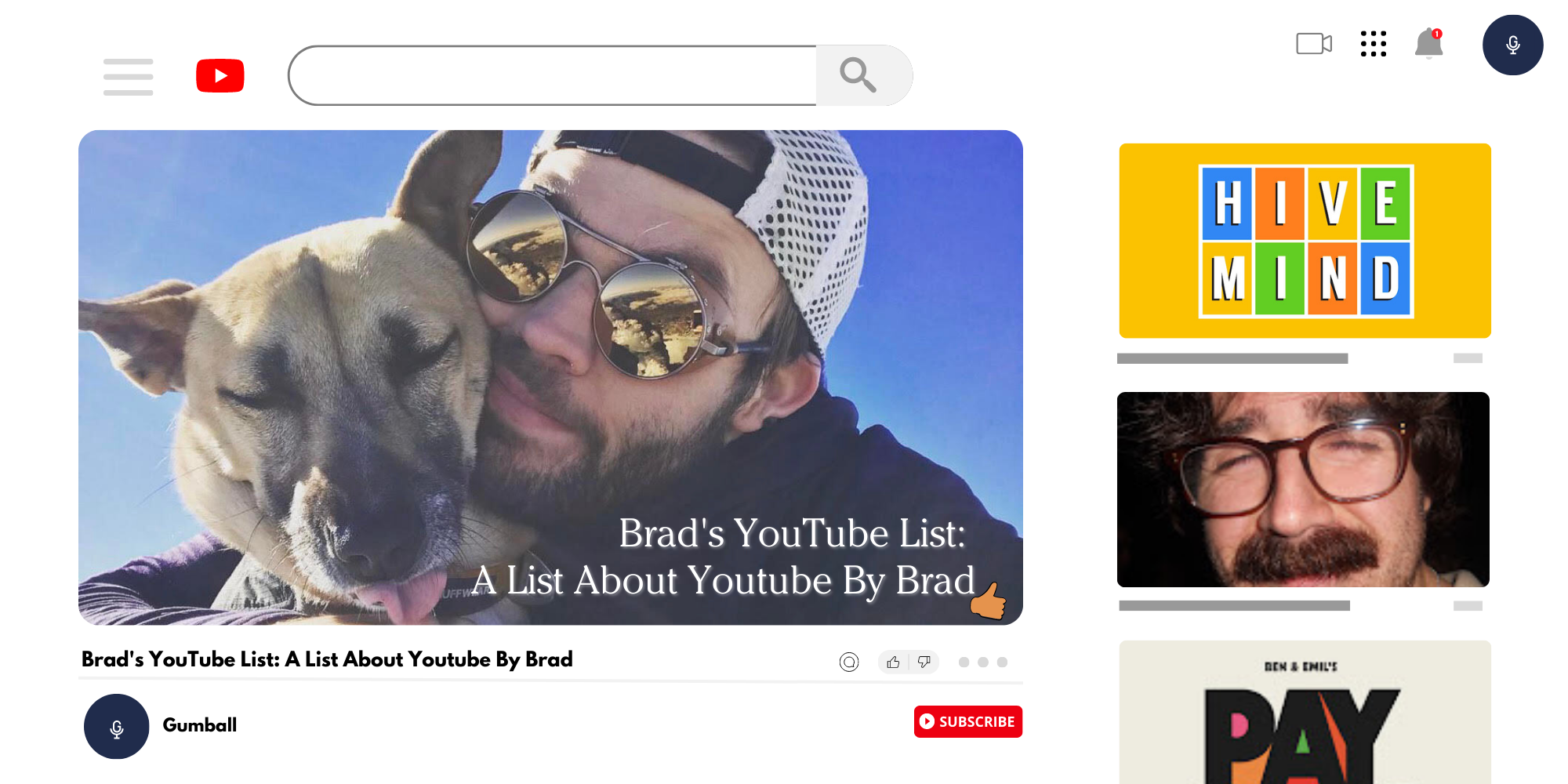 mockup of a simplified youtube interface with a photo of brad and his favorite channels as video thumbnails