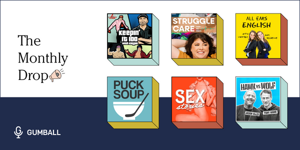 collage of key art from six podcasts k100 puck soup sex stories hawk vs wolf and more
