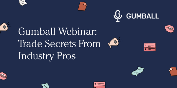 navy blue background with various emoji and the text gumball webinar trade secrets from industry pros