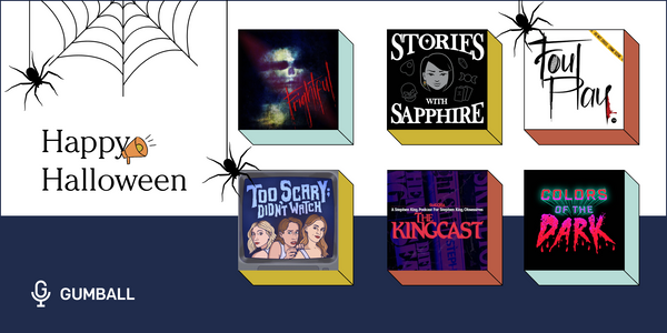 collage of cover art from six halloween themed podcasts, covered in spiders and cobw