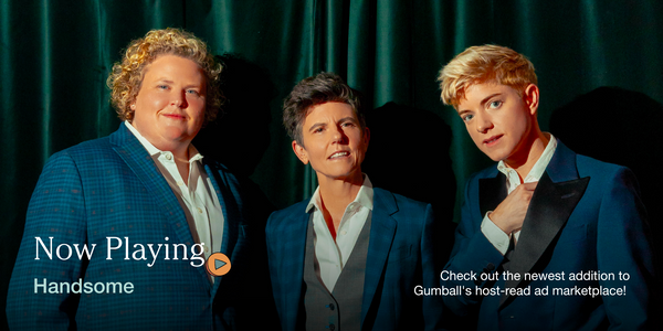 Image of Tig Notaro, Fortune Feimster, and Mae Martin in blue suits with the text "Now Playing Handsome" .